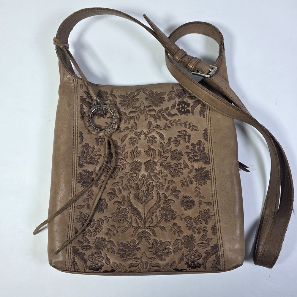 The Sak Huntley Leather Crossbody Bag Brown Floral Embroidered Boho Purse